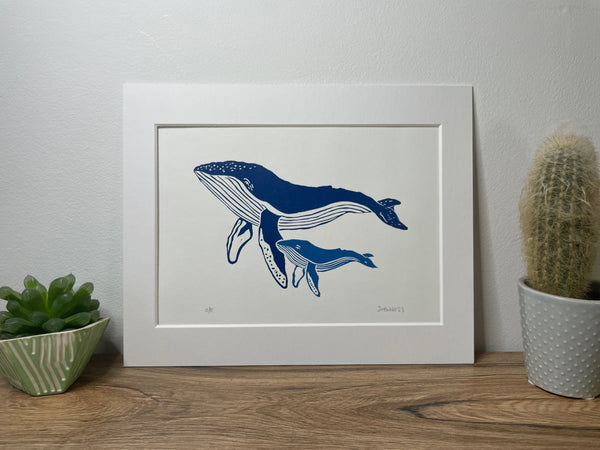 Humpback Whale and calf Lino print / marine mammal art blue ocean bathroom print
