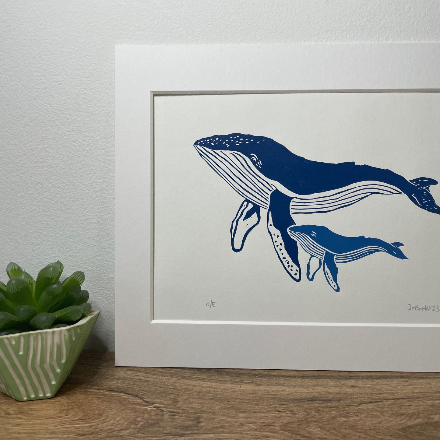 Humpback Whale and Calf Linocut Print