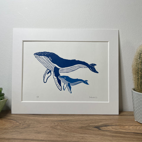 Humpback Whale and Calf Linocut Print