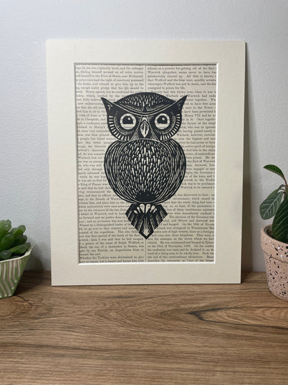 Vintage Paper Owl Linocut Print