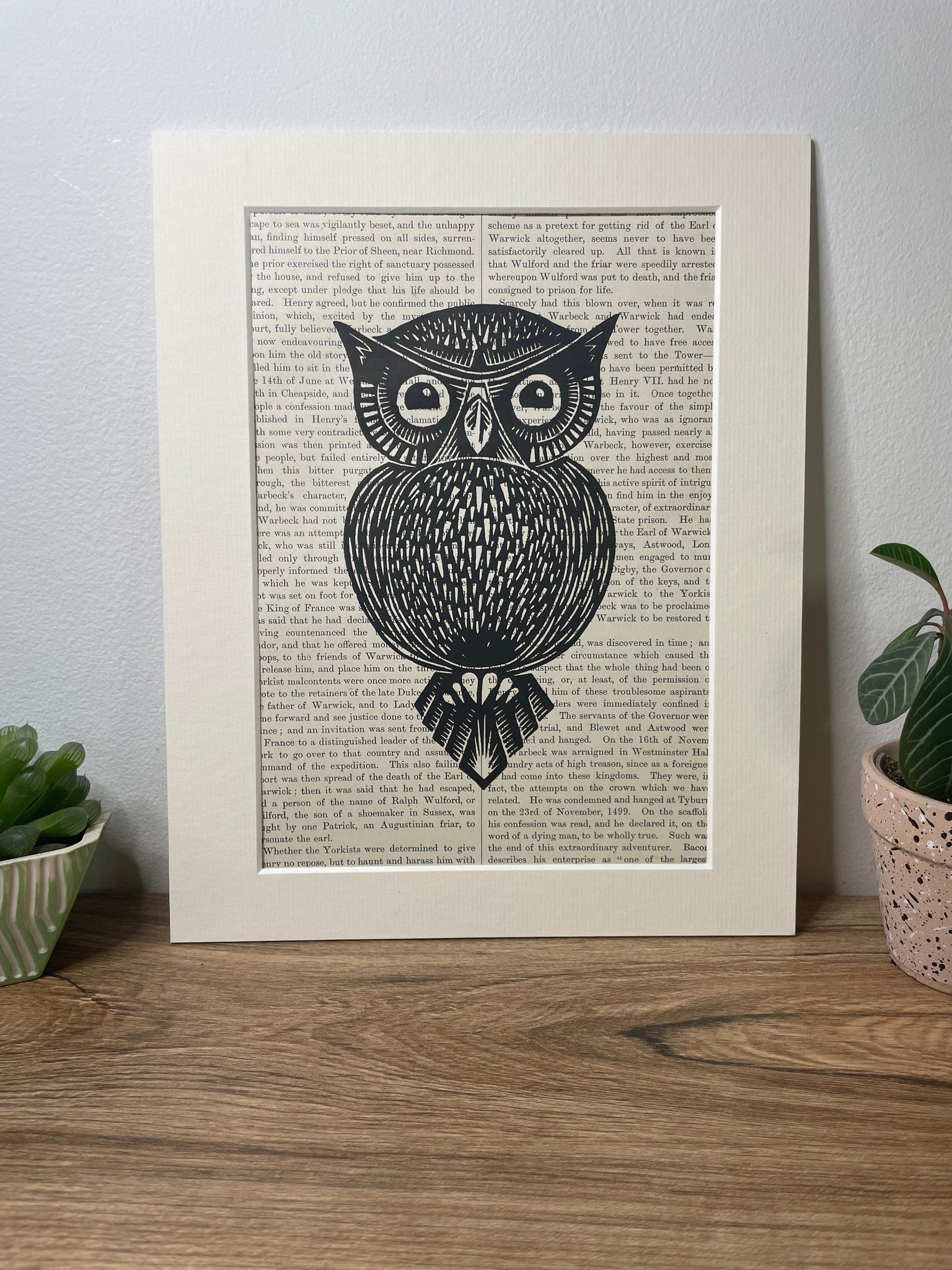Vintage Paper Owl linocut print
