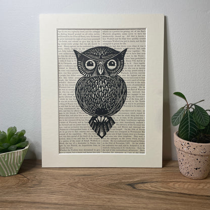 Vintage Paper Owl Linocut Print