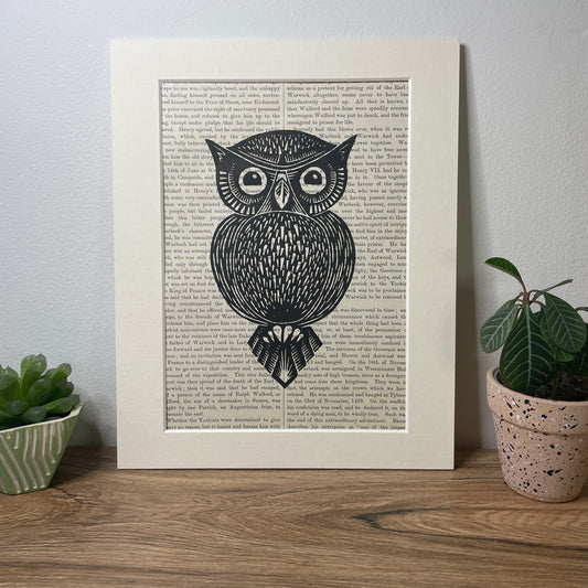 Vintage Paper Owl Linocut Print