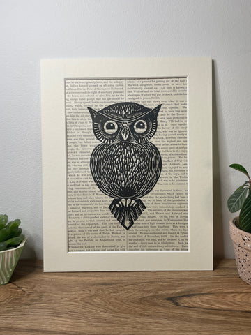 Vintage Paper Owl Linocut Print