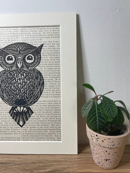 Vintage Paper Owl Linocut Print