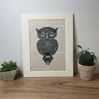 Vintage Paper Owl Linocut Print