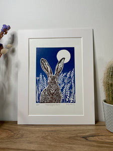 Moonlight meadow hare original mammal Linocut print