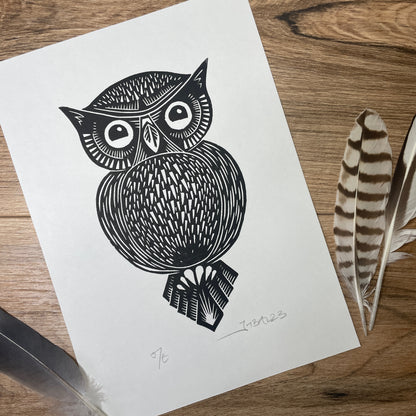 Owl original linocut print