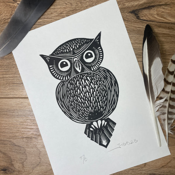 Owl linocut print