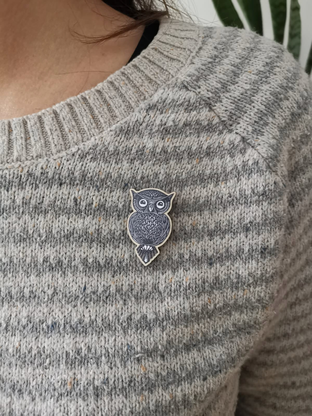 Owl Wooden Pin Badge - animal, nature brooch.
