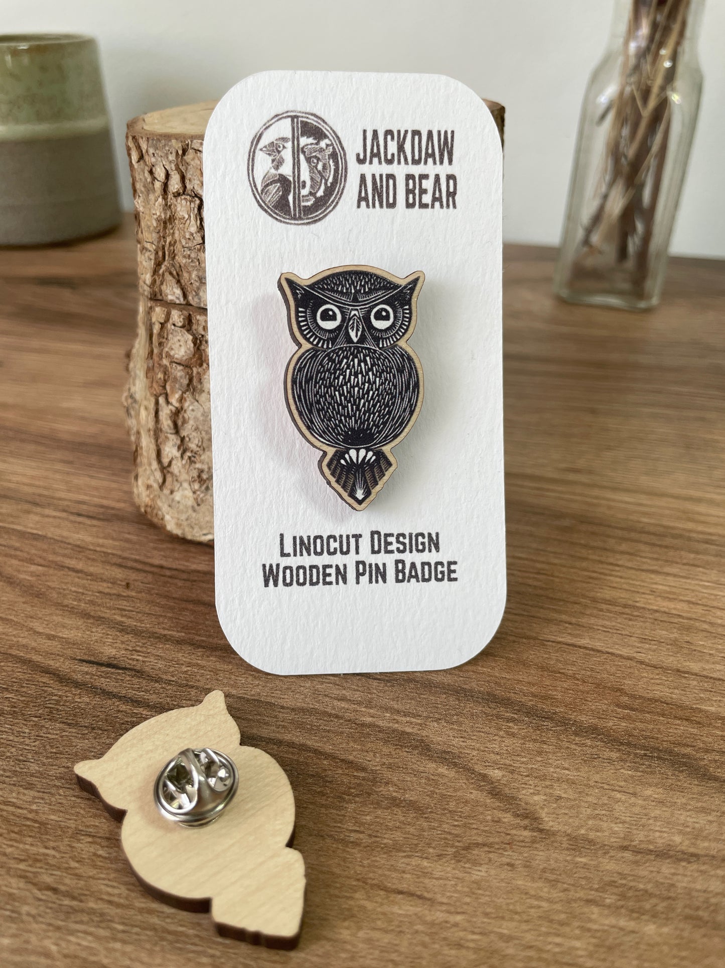 Owl Wooden Pin Badge - animal, nature brooch.