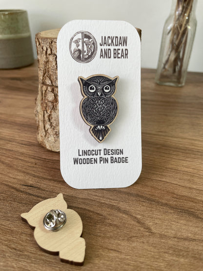 Owl Wooden Pin Badge - animal, nature brooch.
