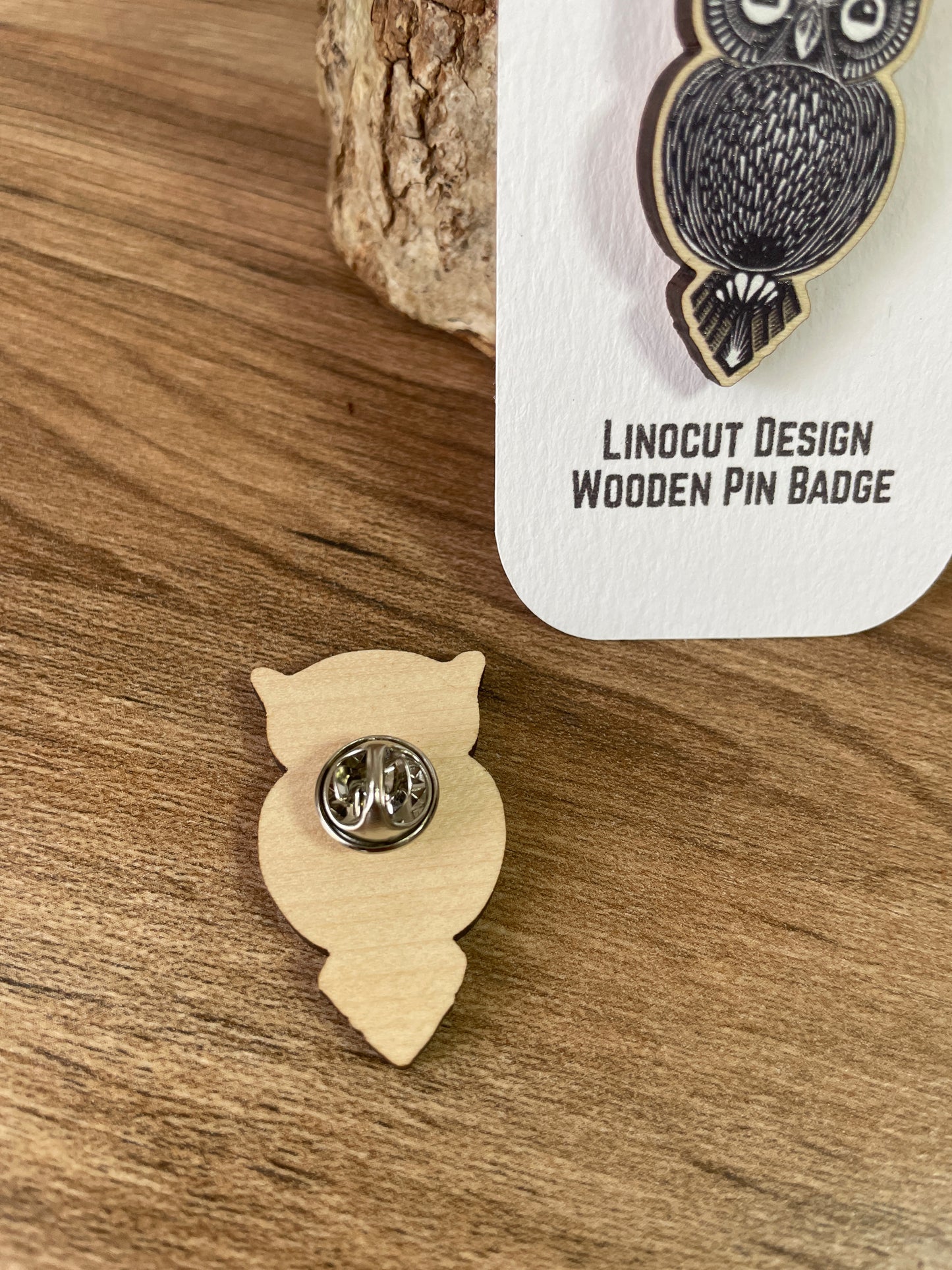 Owl Wooden Pin Badge - animal, nature brooch.