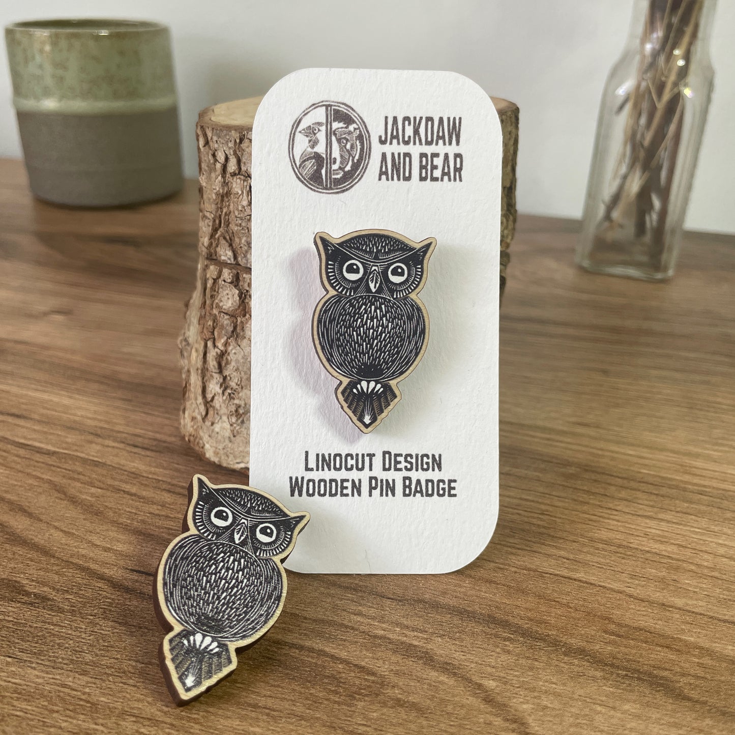 Owl Wooden Pin Badge - animal, nature brooch.