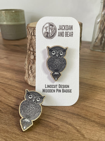 Owl Wooden Pin Badge - animal, nature brooch.