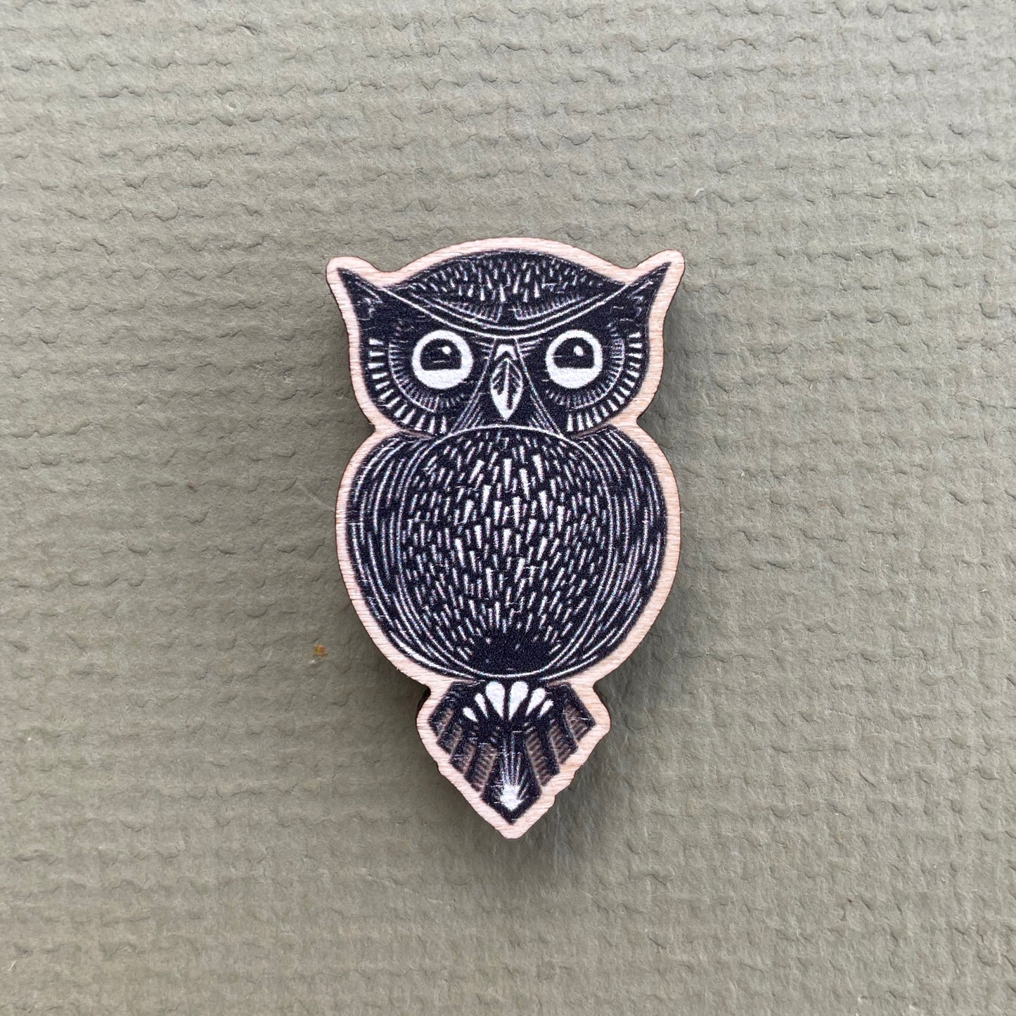 Owl Wooden Pin Badge - animal, nature brooch.