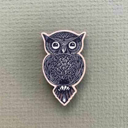 Owl Wooden Pin Badge - animal, nature brooch.