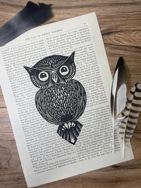 Vintage Paper Owl linocut print