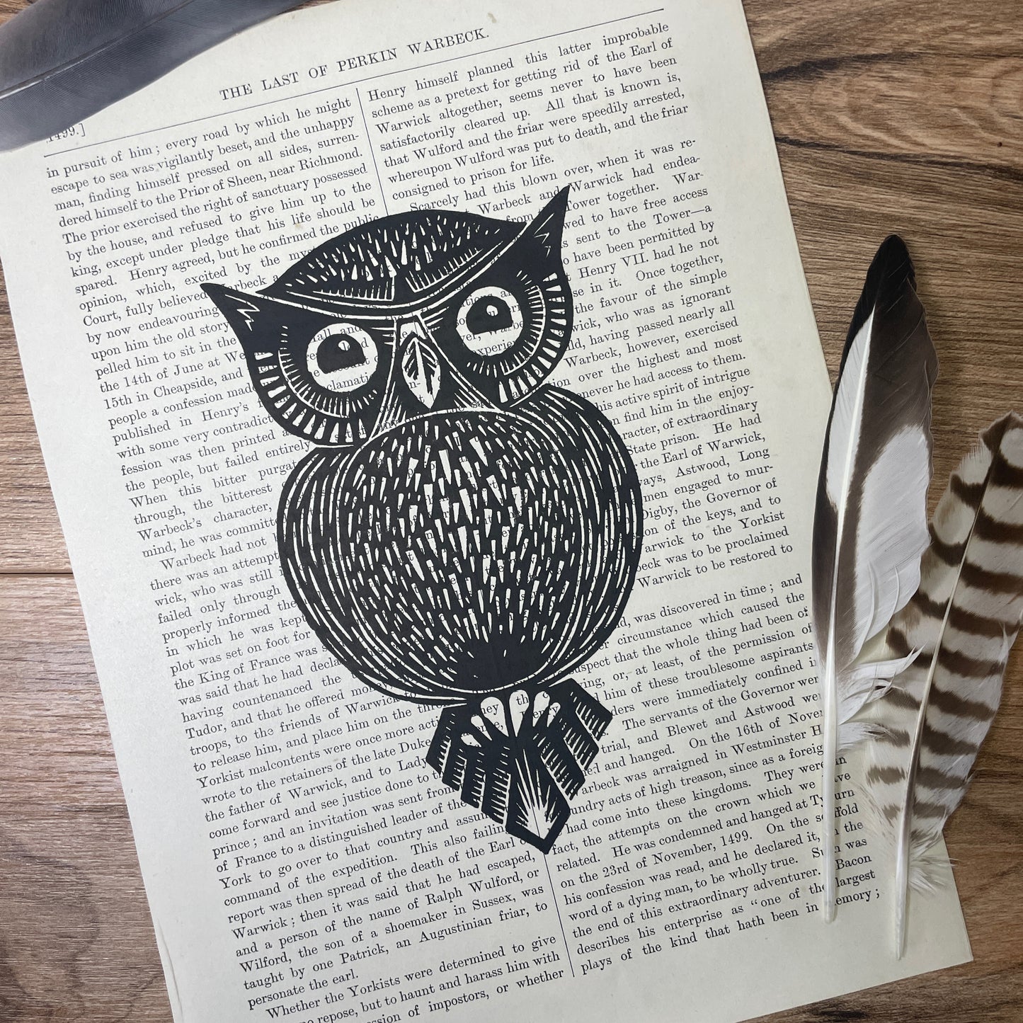 Vintage Paper Owl Linocut Print