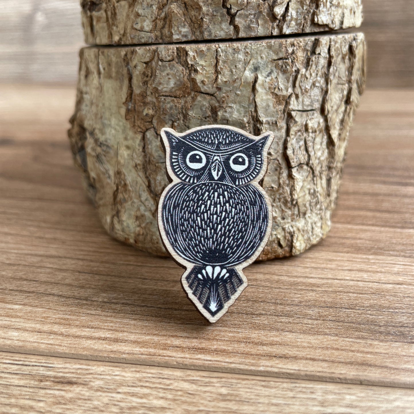 Owl Wooden Pin Badge - animal, nature brooch.