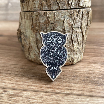 Owl Wooden Pin Badge - animal, nature brooch.