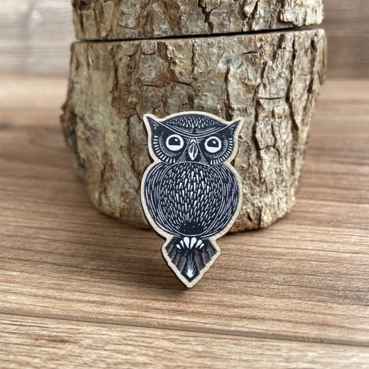 Owl Wooden Pin Badge - animal, nature brooch.