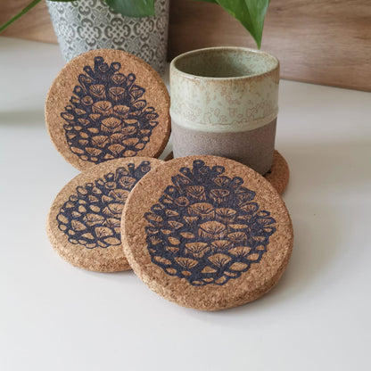 Pine cone Linocut Cork Coasters
