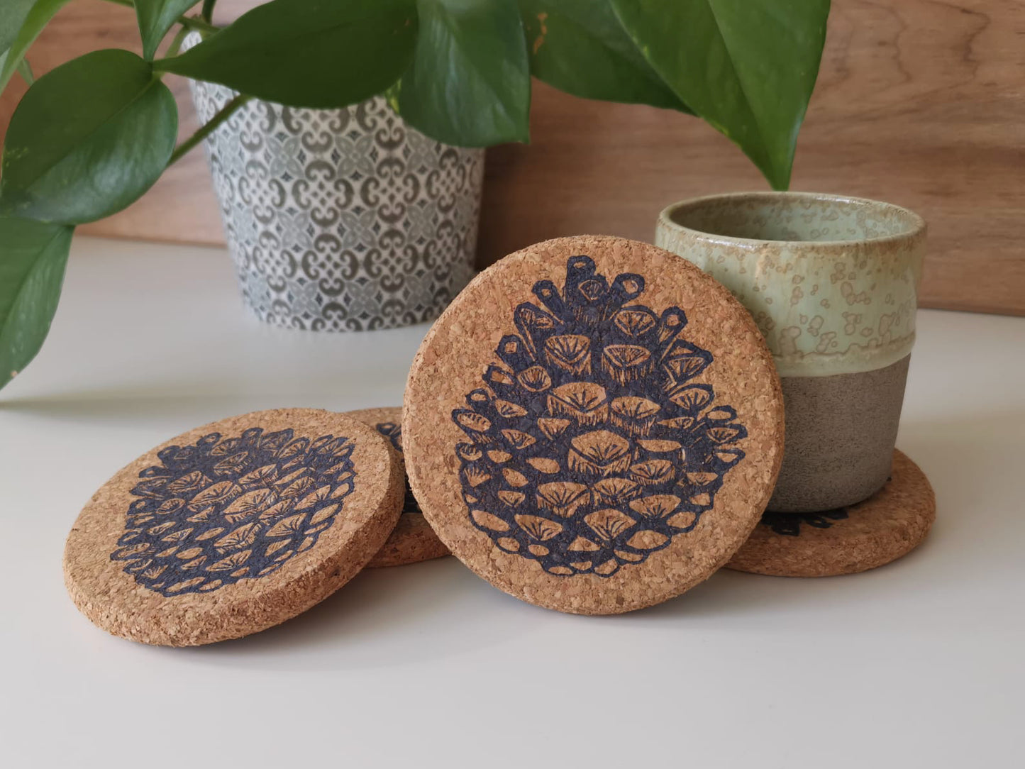 Pine cone Linocut Cork Coasters