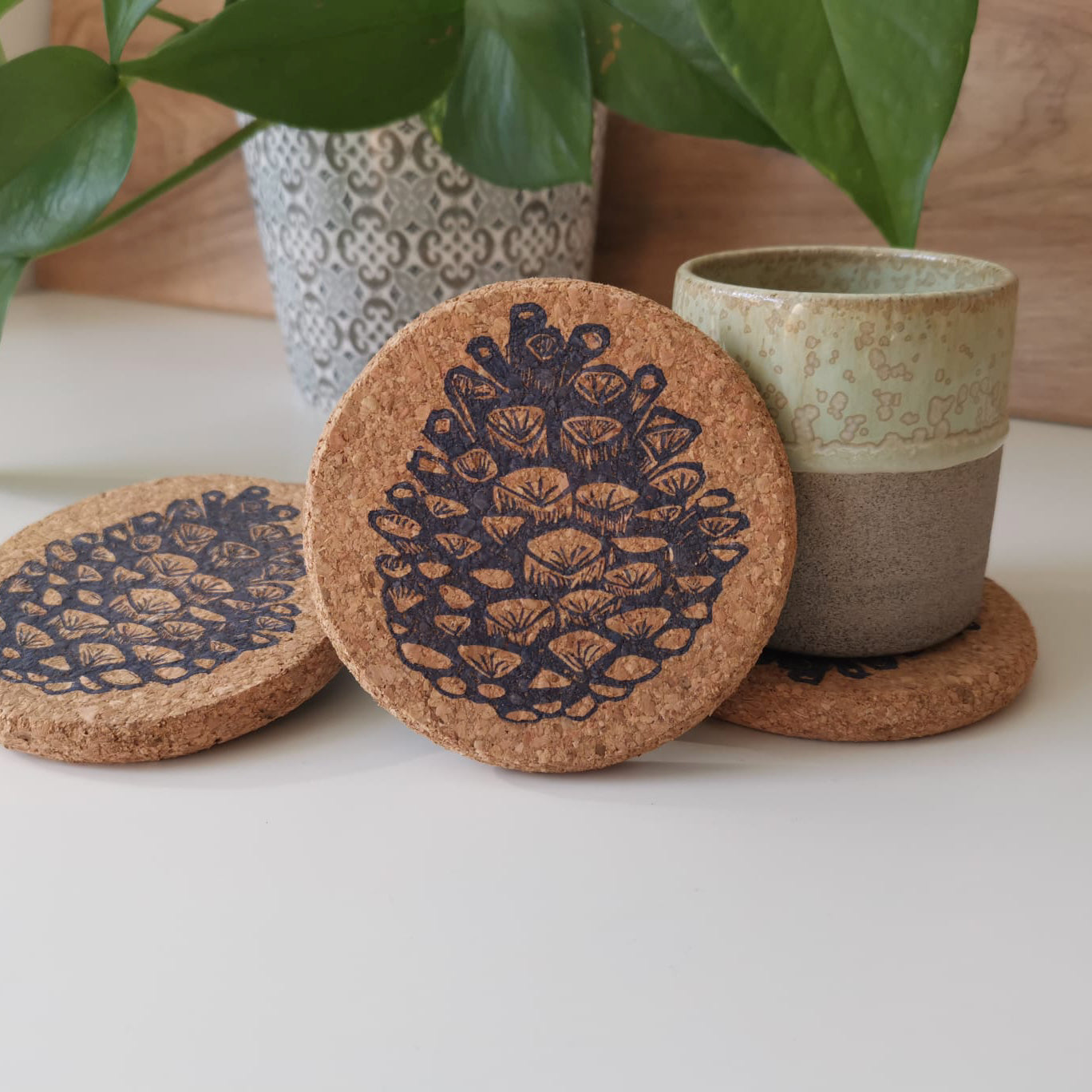 Pine cone Linocut Cork Coasters