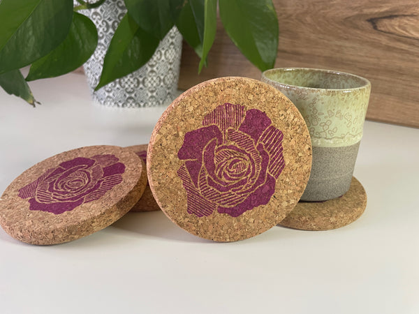 Pink Rose Cork Coasters - set of 4