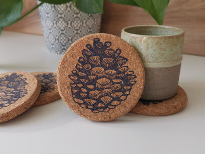 Pine cone Linocut Cork Coasters