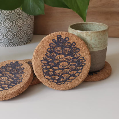Pine cone Linocut Cork Coasters