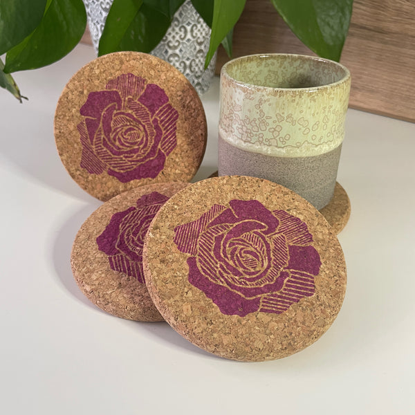 Pink Rose Cork Coasters - set of 4