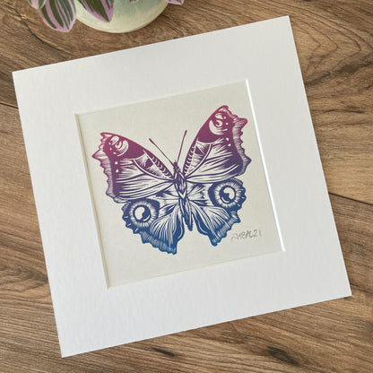 Butterfly Linocut art print, hand printed peacock butterfly by Jackdaw and Bear