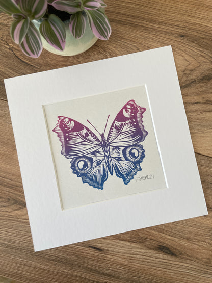 Butterfly Linocut art print, hand printed peacock butterfly by Jackdaw and Bear