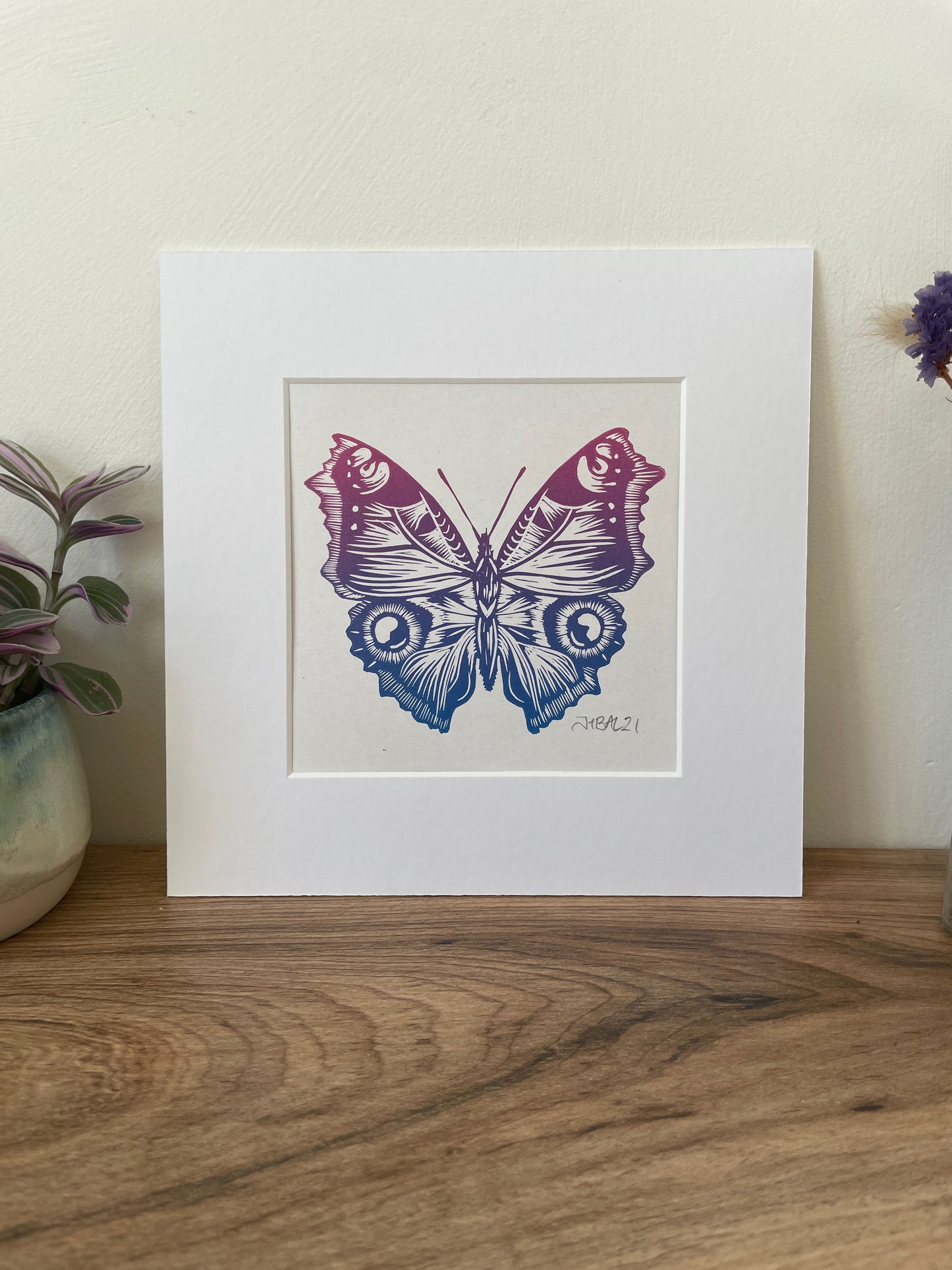 Butterfly Linocut art print, hand printed peacock butterfly by Jackdaw and Bear