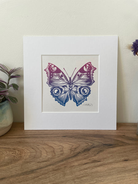 Butterfly Linocut art print, hand printed peacock butterfly by Jackdaw and Bear