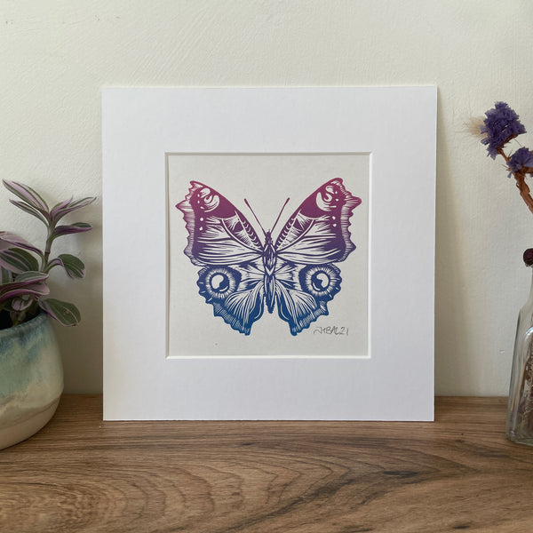 Butterfly Linocut art print, hand printed peacock butterfly by Jackdaw and Bear