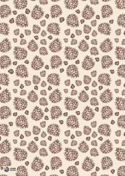 Pattern of brown pinecones on a beige background