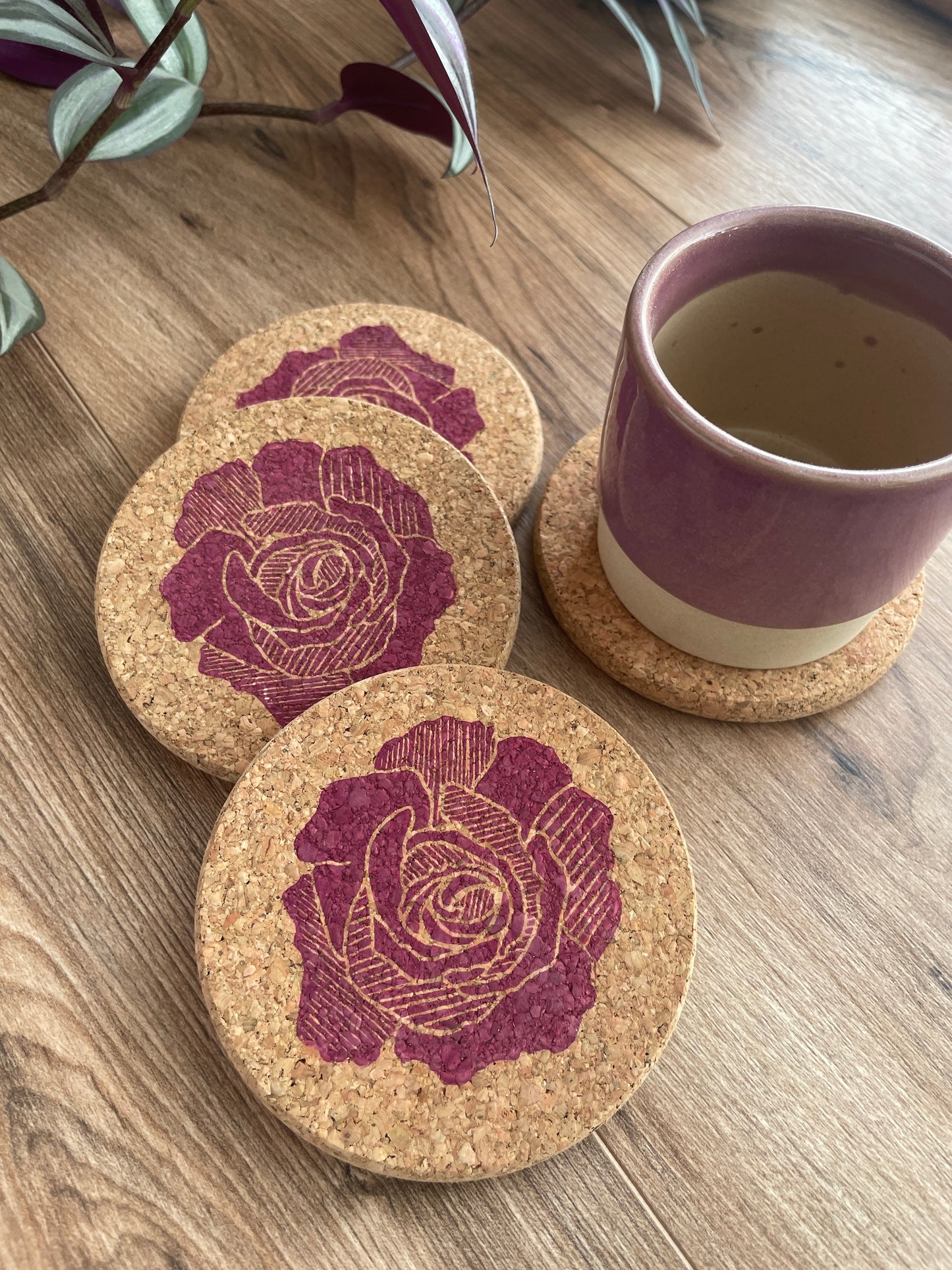 Pink Rose Linocut Cork Coaster