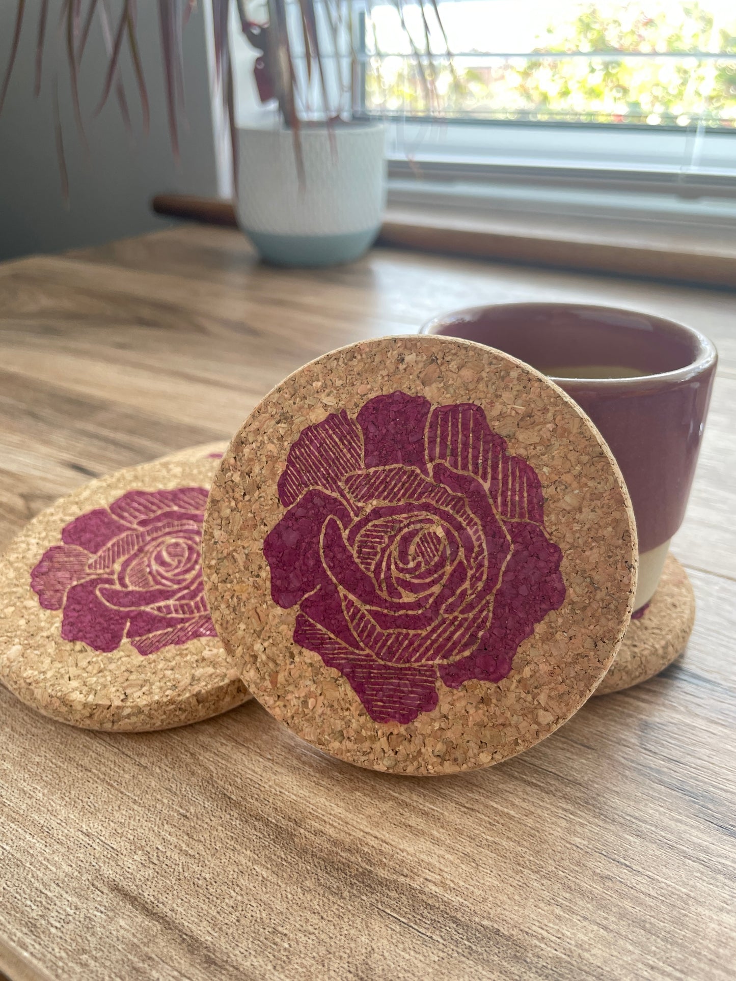 Pink Rose Linocut Cork Coaster