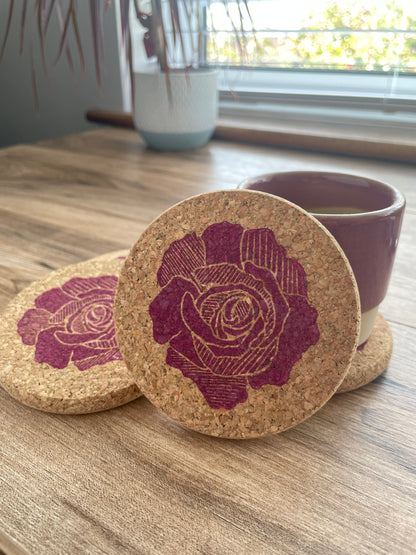 Pink Rose Linocut Cork Coaster