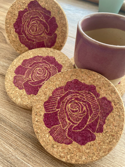 Pink Rose Linocut Cork Coaster