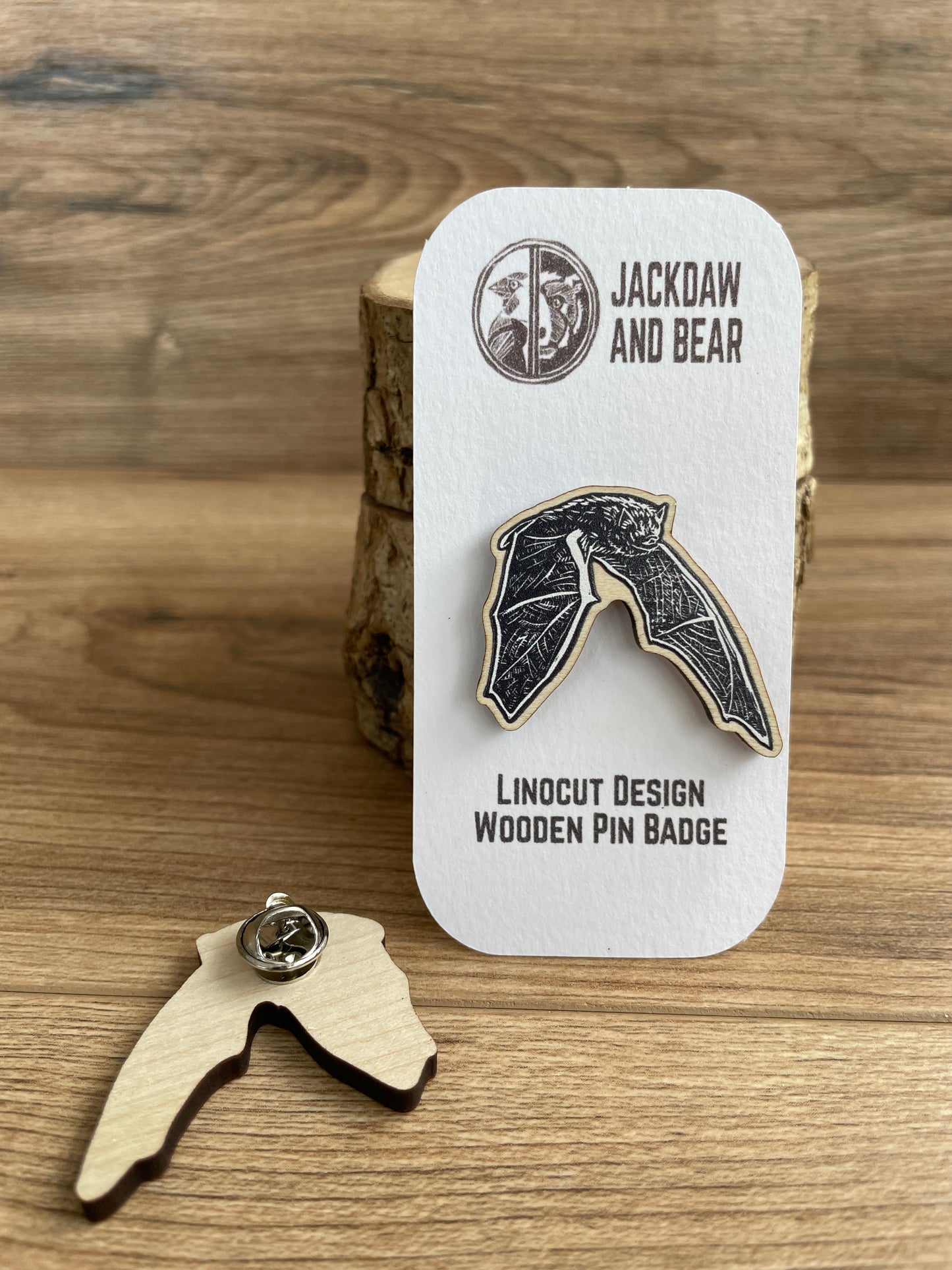 Pipistrelle Bat Wooden Pin Badge - animal, nature brooch.