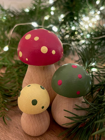 Trio of mini wooden toadstools, fungi ornament decor