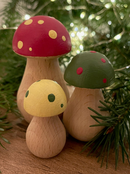 Trio of mini wooden toadstools, fungi ornament decor