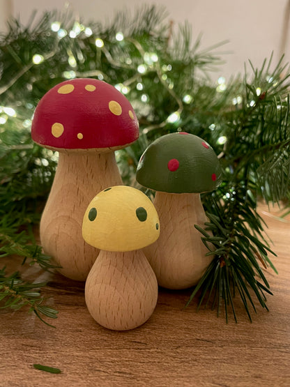Trio of mini wooden toadstools, fungi ornament decor