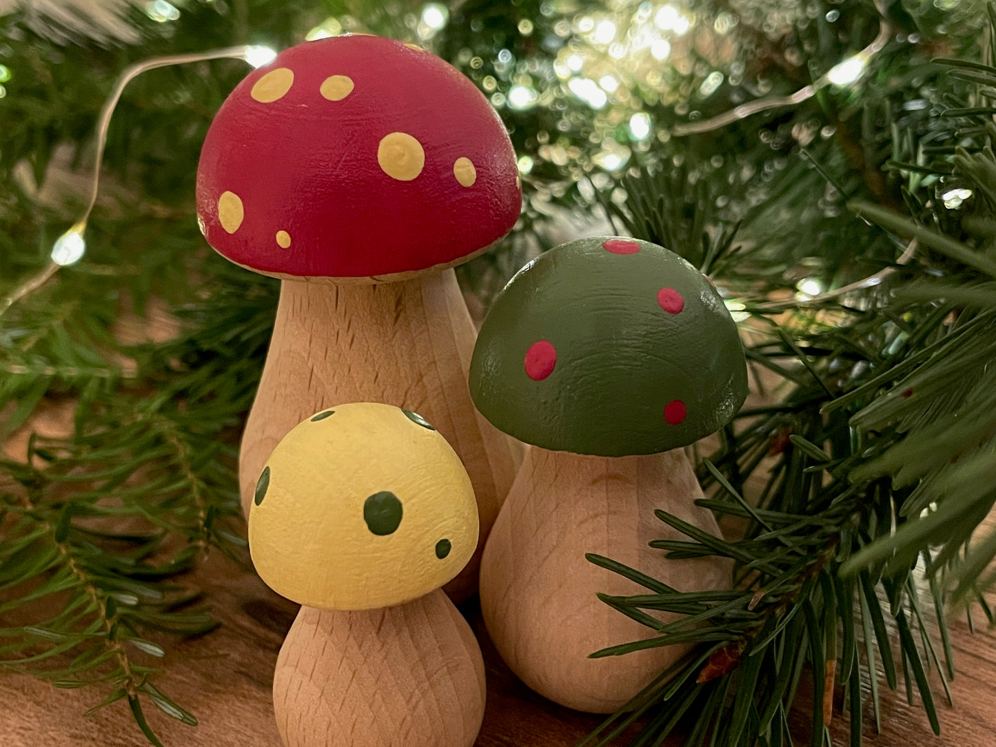 Trio of mini wooden toadstools, fungi ornament decor