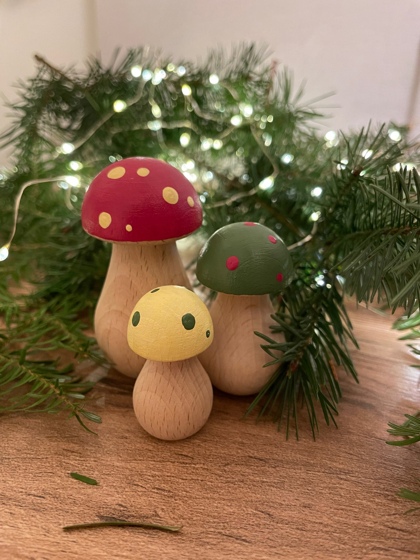 Trio of mini wooden toadstools, fungi ornament decor