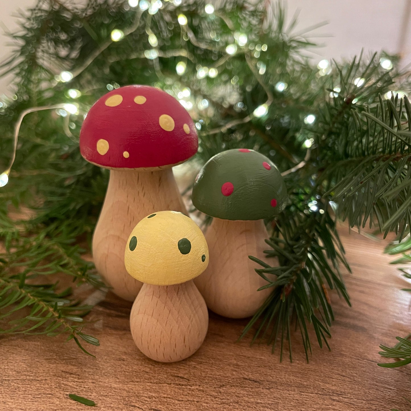 Trio of mini wooden toadstools, fungi ornament decor